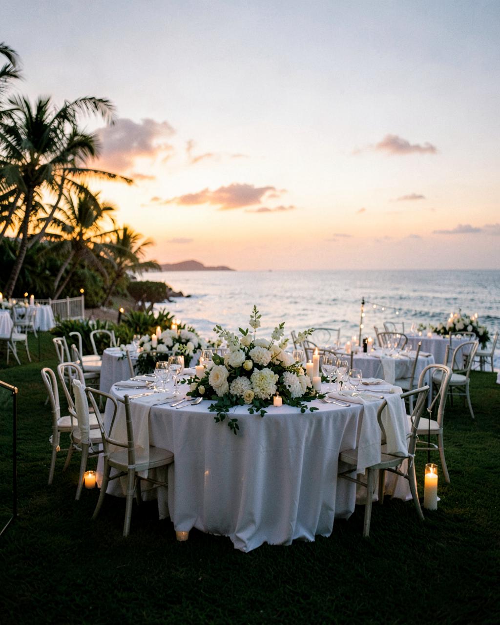 An elegant outdoor wedding reception overlooking the ocean in Hawaii