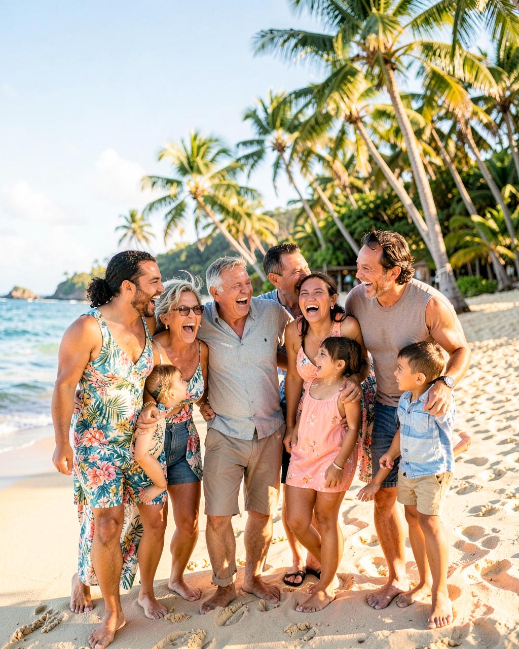 A multigenerational family laughing together on a Hawaii beach