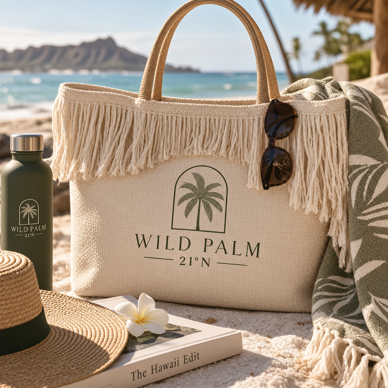Wild Palm 21°N branded beach tote and travel essentials on a Hawaii shoreline