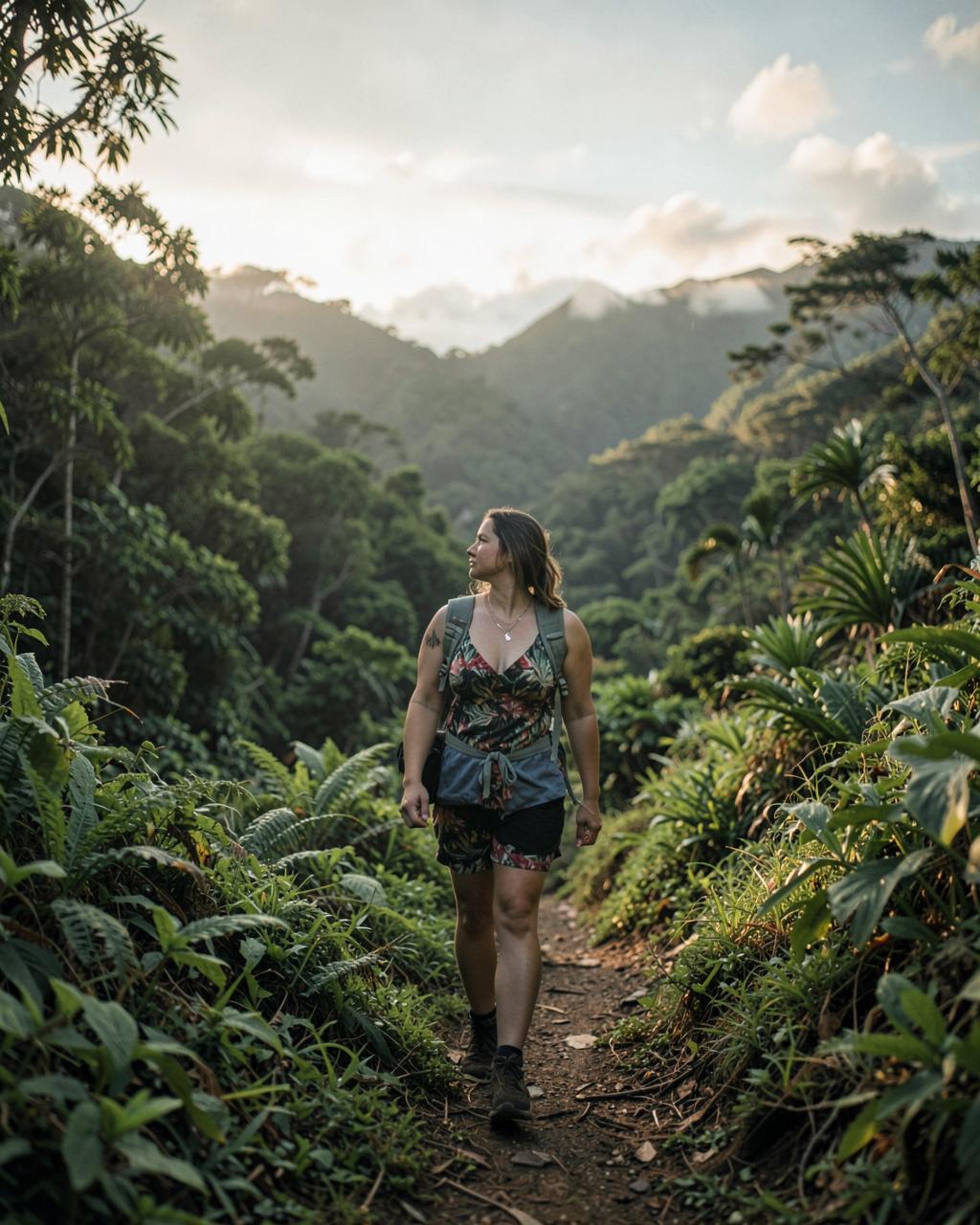 A solo traveler hiking a lush green Hawaiian valley trail