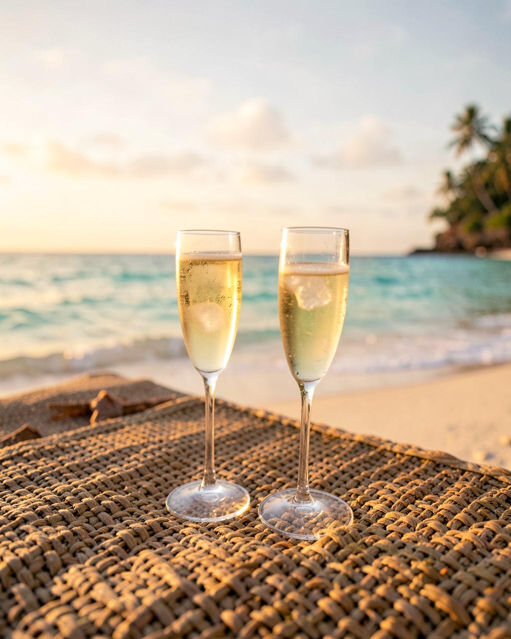 Two champagne glasses on a Hawaiian beach at sunset