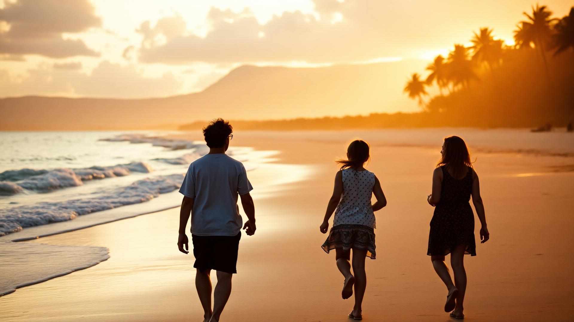 A family walking along a Hawaii beach at golden hour, backs to the camera